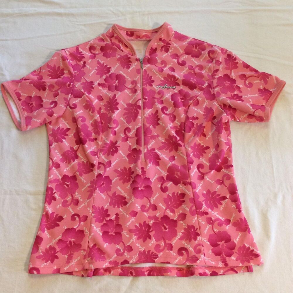 SheBeest Cycling Jersey Size L Short Sleeve Half Zip Pink Hawaiian Hibiscus